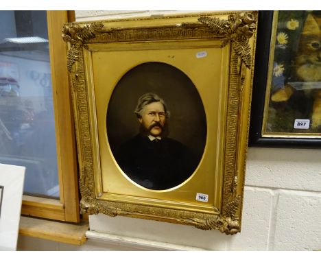 19th Century oil on canvas ; portrait of a Victorian gentleman, in ornate gilt frame