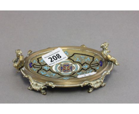Brass bon bon dish decorated with enamel featuring cherubs