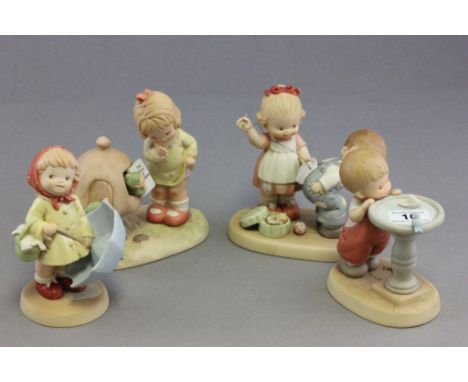 Four Mabel Lucie Atwell Ceramic Figures - Blow Wind Blow, There's Always a Rainbow, Loving You One Stitch at a Time, Do You K
