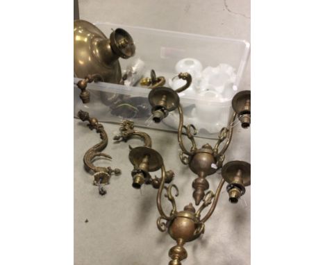 Pair of Gilt Metal Two Branch Wall Light Fittings with Glass Lamp Shades and other fittings