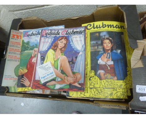 Collection of vintage glamour magazines to include Bedside Clubman, Clubman, Men Only, Mr, Penthouse, Mayfair etc in four box