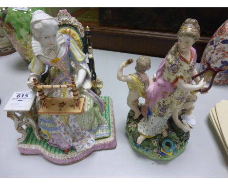 Continental Porcelain Figure of a Lady sewing sat on a chair with under glazed blue cross swords mark to base together with a