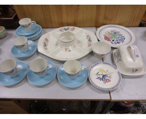 Poole Pottery BN Pattern Four Section Hor D'Oeuvres Dish, Dinner Plate, Cheese Dish, Sugar Bowl, Three Tea Plates, 5 Tea Cups