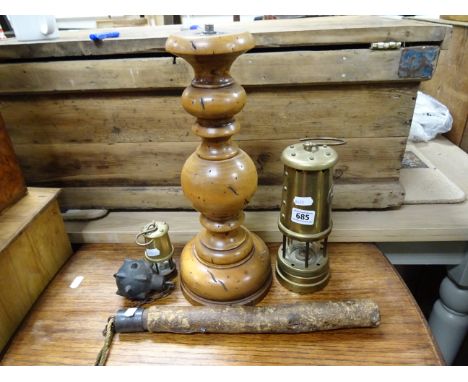 Two Brass Miners Lamps, Turned Wooden Lamp Base and a Replica Mace