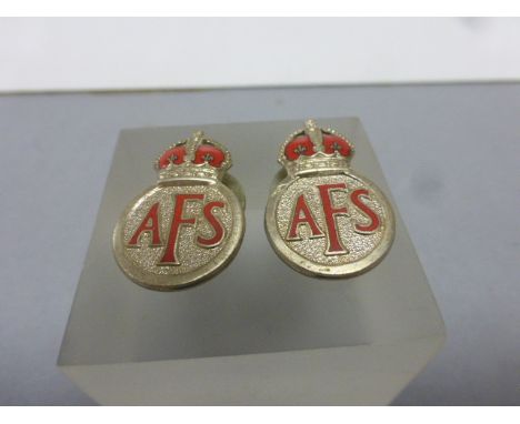 Two AFS Auxiliary Fire Service enamel button badges WWII era