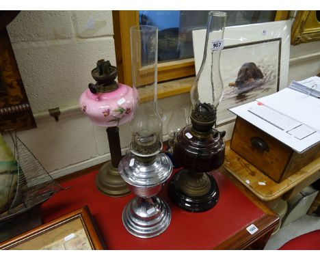 Two Victorian Oil Lamps, Chrome Oil Lamp, another Lamp and Two Chimneys