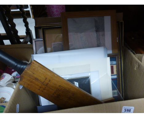 Group of Various Military and Other Prints plus a Vintage Cricket Bat