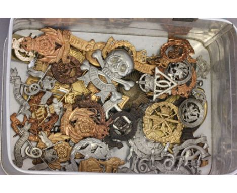 Approximately 50 Replica Military Cap Badges and Crests, British & German in a Vintage Sandwich Tin