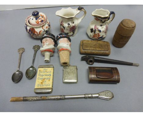 Tub of Mixed Collectables including two Snuff Box, Barrel of Miniature Clothes Pegs, 2 Silver Spoons,Bombilla, 2 Vesta Cases,