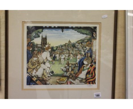 Framed and Glazed Signed Limited Edition D Lightfoot Print featuring Rabbits playing Cricket, no. 76/350