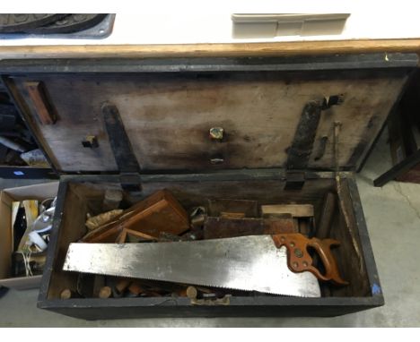 Wooden trunk containing a quantity of various vintage tools