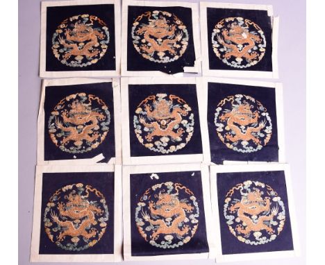 A set of nine C19th Chinese embroidered dragon roundels, each woven with a five-clawed dragon surrounded by flaming pearl, cl