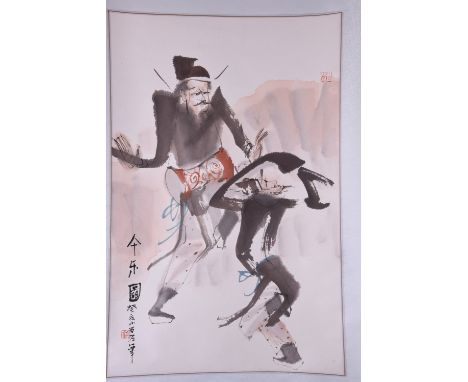 Chinese hanging scroll, Two dancing figures, ink and colour on paper, inscribed and signed, with two seals, 67 x 44cm. 