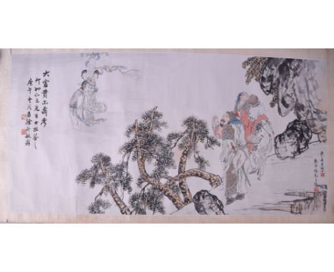Chinese hanging scroll, Immortals, ink and colour on paper, inscribed and signed, with four seals, 88.5 x 44cm.