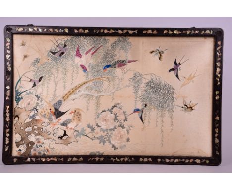 C19th Chinese silk embroidered panel, woven with various birds and butterflies by a willow tree, mounted in a mother-of-pearl
