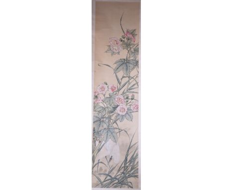 Two Chinese hanging scrolls, the first painted with a bird amongst leafy flower branches, with a red seal, 142 x 34cm; the se