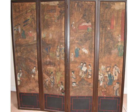 C18/19th Chinese four-fold-panel screen, ink and colour on paper, each panel painted with figural scene in a courtyard settin
