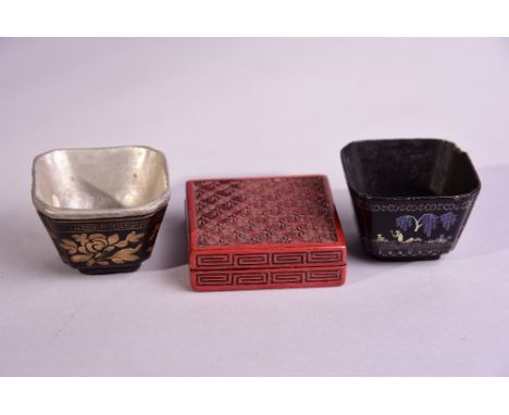 C19th Chinese cinnabar square ink box, 6.1cm wide; together with a mother-of-pearl inlaid lacquer wine cup, and a gilt lacque