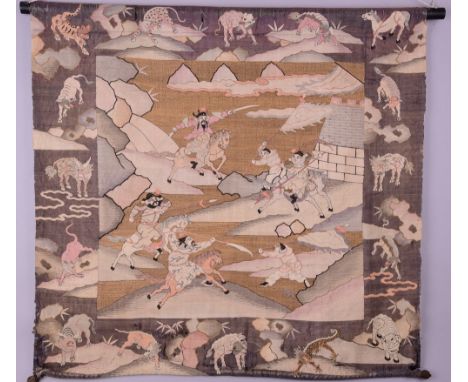 C19th Chinese silk embroidered hanging scroll, decorated with warriors in a battle within a border of mythical beasts, 86 x 8