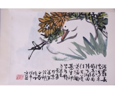 Chinese hanging scroll, Goose and Chrysanthemum, ink and colour on paper, calligraphic inscription, signed and sealed, 46 x 3