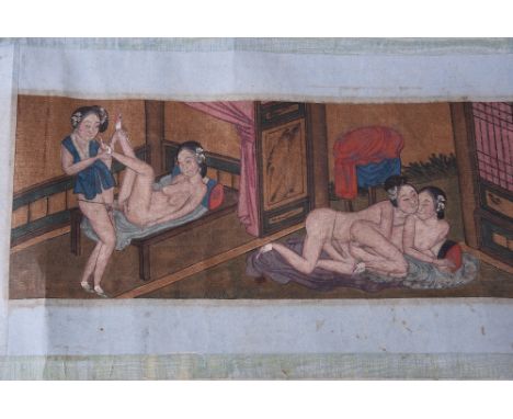 C19th Chinese erotic hand scroll, ink and colour on silk, painting with ten panels of erotic scenes in various environments, 