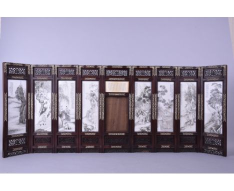 Chinese inscribed ten-panel table screen, carved by Wu Nanyu (1894-1942) and dated 12th February 1925, each porcelain panel c