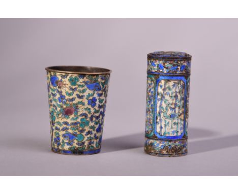 C19th Chinese silver enamel cylindrical container decorated with panels of flowers, mark to base, 5.1cm high; together with a