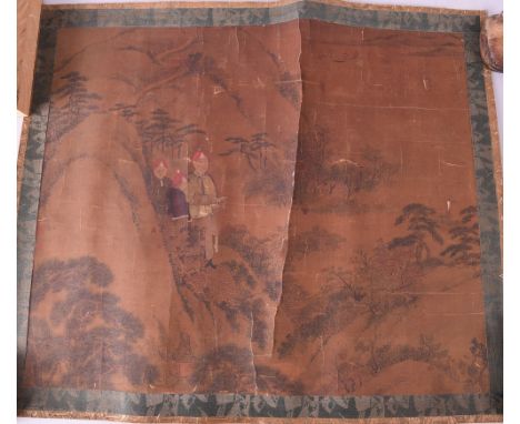 Chinese painting, Figures in landscape, ink and colour on silk, with two seals, 47 x 40cm; together with a 'landscape' hangin