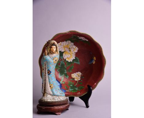 Chinese cloisonné and ivory figure of a lady holding a vase, 26cm high, wood stand; together with a lobed cloisonné enamel bo