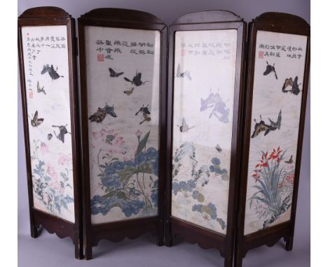 C19th Chinese four-fold panel screen, each painted with butterflies and flora below calligraphic inscriptions, set within a w