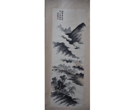 Chinese hanging scroll, Landscape, ink and colour on paper, inscribed, signed and sealed, 95 x 32cm