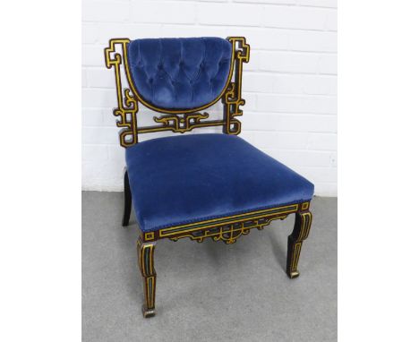 19th century Japanned chair, possibly a cellist chair, the chinoiserie back and frame with parcel gilt, blue and red borders,