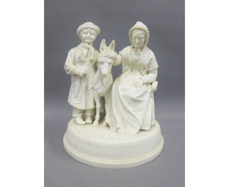 Is That You Tommy? A 19th century bisque figure group, modelled as a seated blind lady stroking a donkey with a grinning boy 