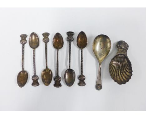 Set of six silver thistle teaspoons, Birmingham 1952, silver shell bowl  caddy spoon, Birmingham 1973 and another silver cadd