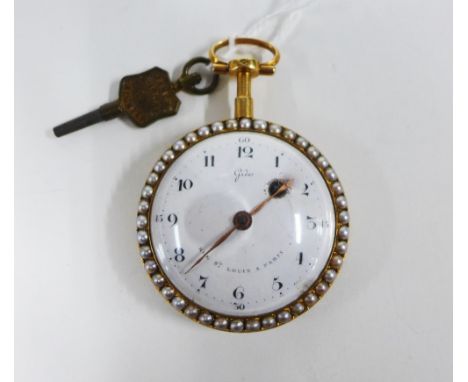 Early 19th century Continental gold, enamel and seed pearl pocket watch, the dial with Arabic numerals and inscribed Gide, Ru