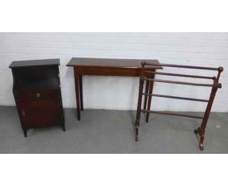 Stained pine console, 102 x 72, together with a mahogany bedside, 46 x 77cm, and a towel  rail. (3)