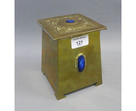 Art Nouveau brass caddy box, the hinged lid with celtic knot pattern and inset blue cabouchon, monogram mark to the base, 15c