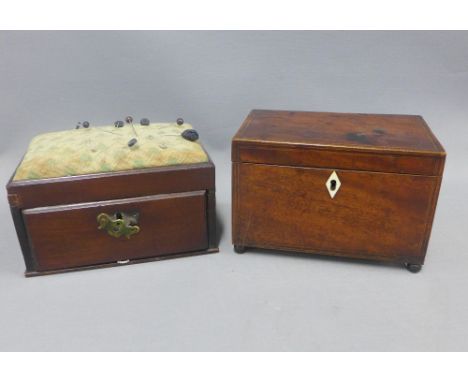 19th century mahogany sewing box with a pin cushion top and a Georgian mahogany tea caddy box, largest 20 x 14cm (2)