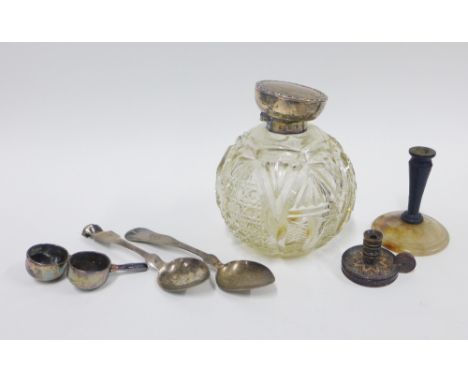 Edwardian silver mounted cut glass scent bottle, Chester 1906, two Epns scoops, miniature Tunbridge ware chamber candlestick 
