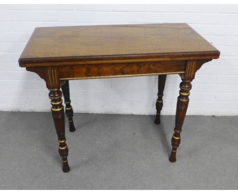 Victorian walnut, mahogany and parcel gilt fold over card table, with Morison &amp; Co, Edinburgh stamp, 94 x 77 x 47cm.