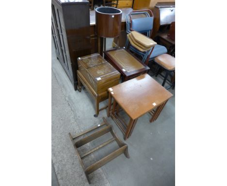 An Ercol plate rack, two nests of tables, a mahogany jardinere, etc.