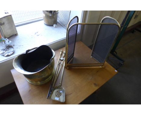 A brass coal bucket, fire screen and companion set