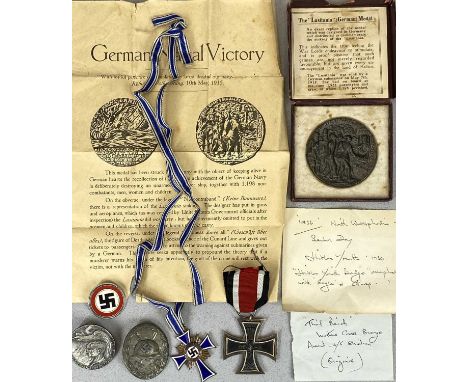 GERMAN WWI & WWII MEDALS AND RELATED ITEMS, lot comprises a 1914 iron cross, believed silver, with iron claw? (magnetic), 193