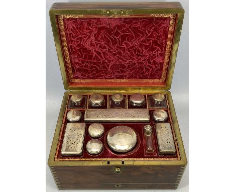 VICTORIAN MAHOGANY & BRASS BOUND TRAVELLING VANITY / JEWELLERY CASE AND CONTENTS, comprising 14 x various bottles and jars, a