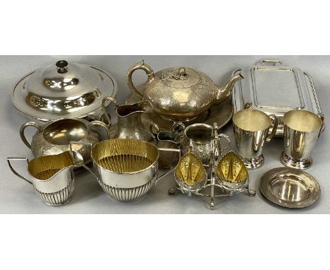 GOOD MIXED QUANTITY OF EPNS WARE, to include a three-piece Elkington & Co tea service, having a squat form teapot with fruit 