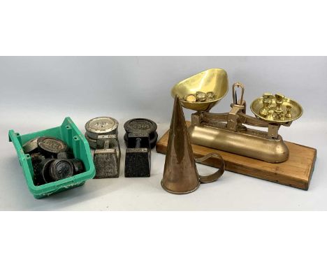 VINTAGE AVERY PAINTED CAST IRON SCALES WITH BRASS PANS, to weigh 2lbs, with 29 various brass weights, a collection of cast ir