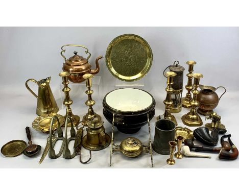 VICTORIAN BRASS CANDLESTICKS, 2 x pairs, with knopped columns and octagonal bases, 26cms H, brass and steel miners lamp with 