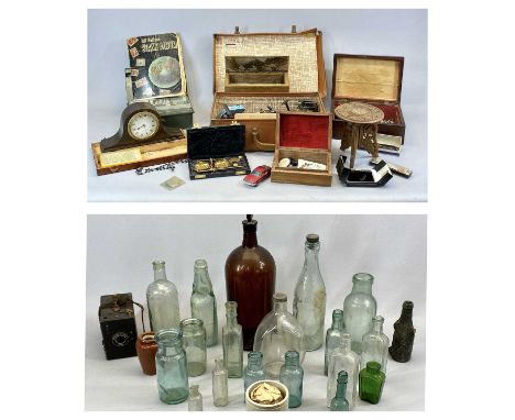 QUANTITY OF VINTAGE FISHING TACKLE & AN OLD ATTACHE CASE, collection of vintage bottles, Box Brownie camera, vintage cash tin