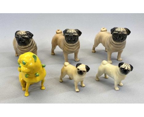 ROYAL WORCESTER PUG DOG, yellow glazed with green highlights, black printed mark no. 267, 11cms H, 3 x Beswick pug dogs Ch. C