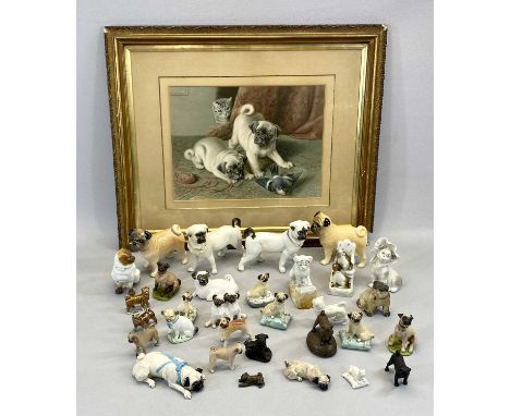 COLLECTION OF CERAMIC PUG DOG FIGURES, 19th Century and later, approx. 30, and a colour print pug, puppies, kitten and bird, 
